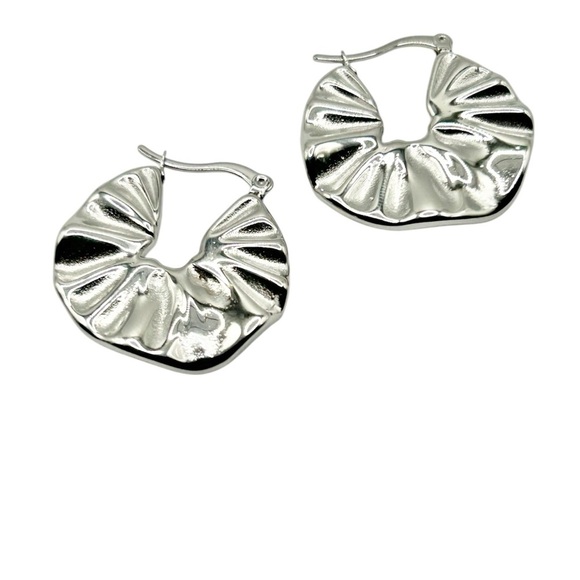 Silver Crescent Hoop Earrings with Unique Texture Design - Picture 1 of 3